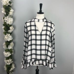 English Factory Plaid Ruffle Sleeve Blouse